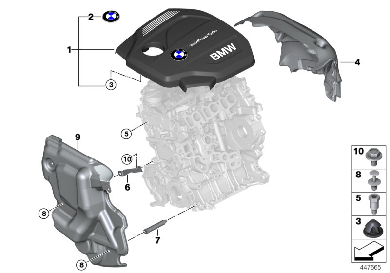 Звукоизоляционный кожух двигателя для BMW F45N 216d B37 (схема запчастей)