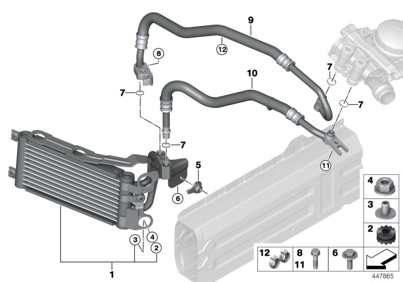 Маслян.радиатор/трубопр.масл.радиатора для BMW E90N 335i N55 (схема запчастей)