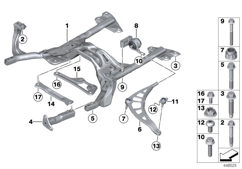 Балка переднего моста/поперечный рычаг для BMW R61 Cooper D 1.6 N47N (схема запчастей)