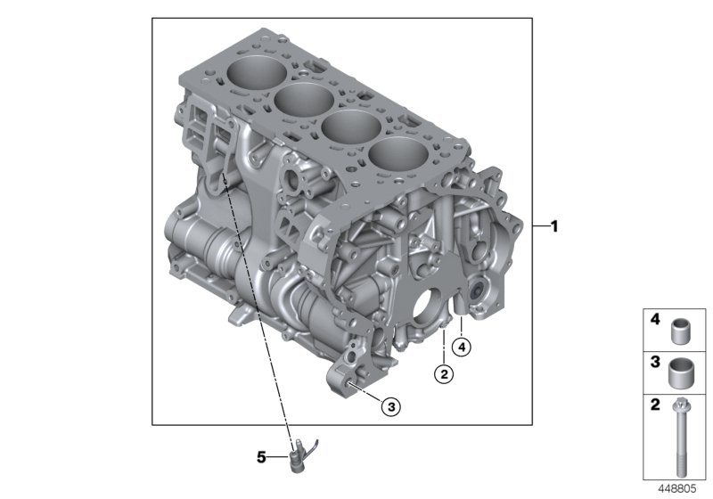 Блок-картер двигателя для BMW G31 530i B48 (схема запчастей)