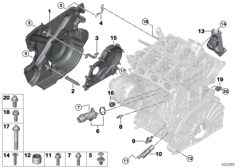 Блок цилиндров/дополнительные элементы для BMW F45N 225xe B38X (схема запчастей)