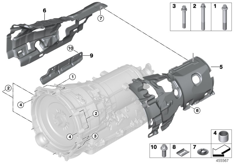 Крепление/дополнит.элементы КПП для BMW F30N 330e B48X (схема запчастей)