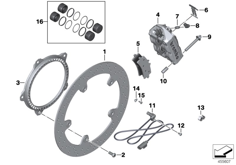 Тормозной механизм переднего колеса для BMW K29 HP2 Sport (0458, 0468) 0 (схема запчастей)