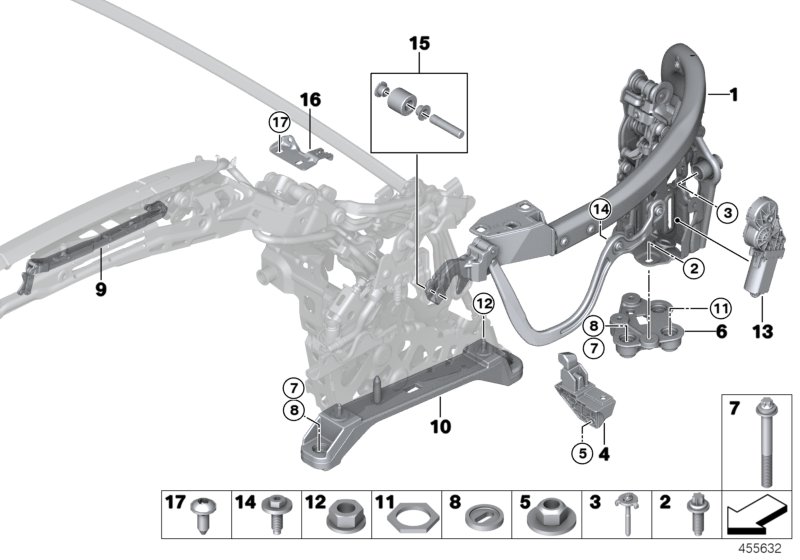 Балка и детали шарнира для BMW F33 430i B48 (схема запчастей)