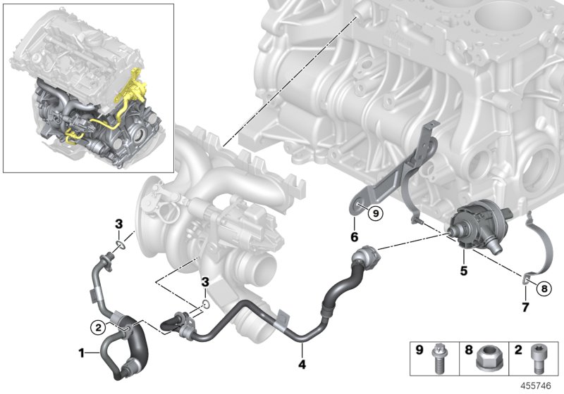 Система охлаждения-турбонагнетатель для BMW G30 530i B46 (схема запчастей)
