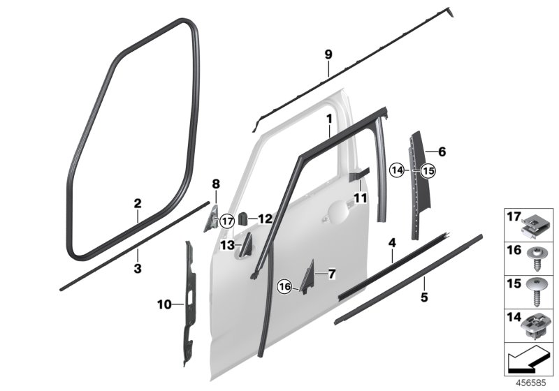 Накладки и уплотнения двери Пд для BMW F54 Cooper S B46 (схема запчастей)