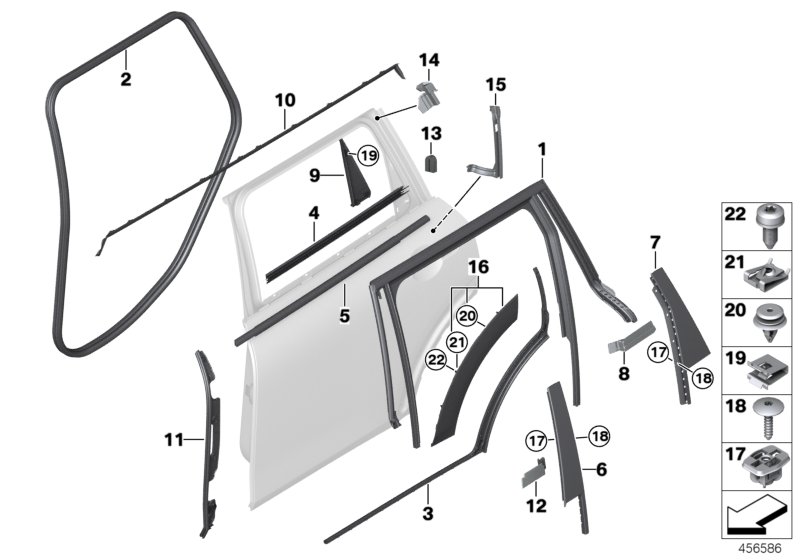 Накладки и уплотнения двери Зд для BMW F54 Cooper B38C (схема запчастей)