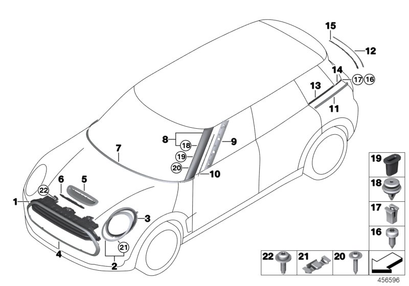 Наружные накладки / декоративные решетки для BMW F54 One B38 (схема запчастей)