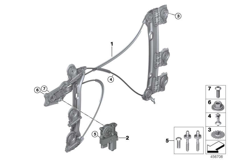 Механизм перемещения стекла двери Пд для BMW F54N JCW ALL4 B48E (схема запчастей)