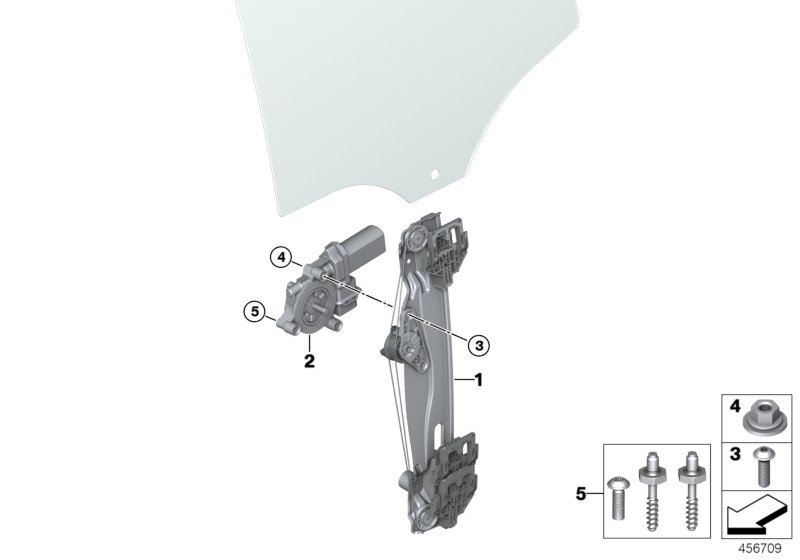 Механизм перемещения стекла двери Зд для BMW F54N Cooper B38C (схема запчастей)