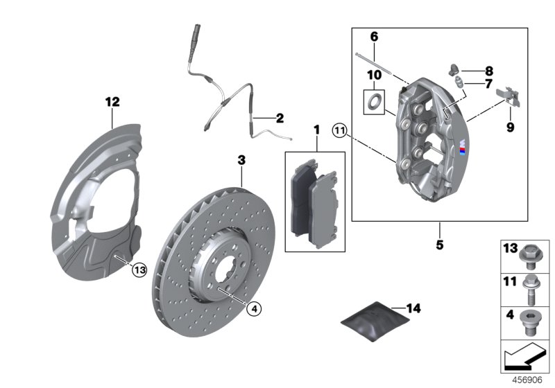 Тормозной механизм переднего колеса для BMW F86 X6 M S63R (схема запчастей)