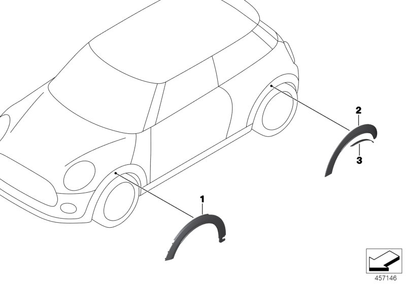 Дооснащение накладкой арка колеса для MINI F56 One First B38 (схема запчастей)