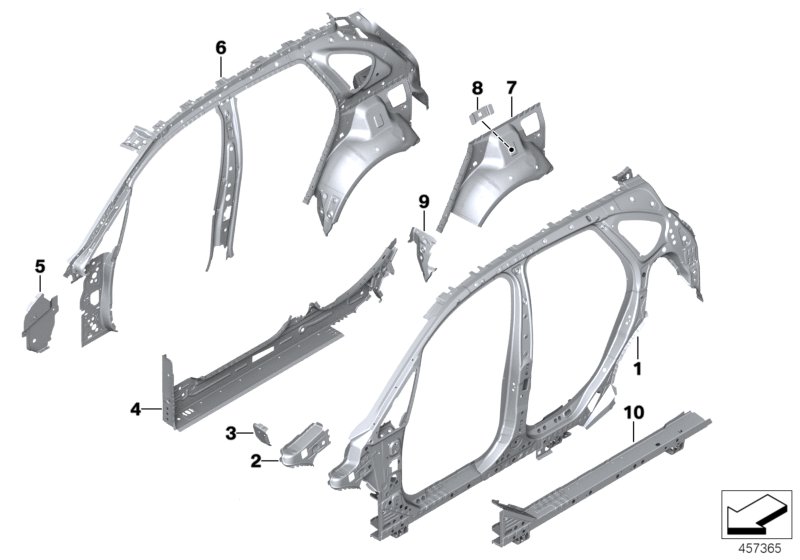 Детали бокового каркаса для BMW F46 218i B38 (схема запчастей)