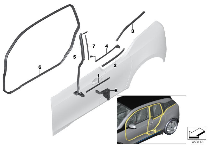 Накладки и уплотнения двери Зд для BMW I01 i3 60Ah IB1 (схема запчастей)