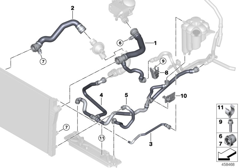 Шланги системы охлаждения для BMW F15 X5 28iX N20 (схема запчастей)