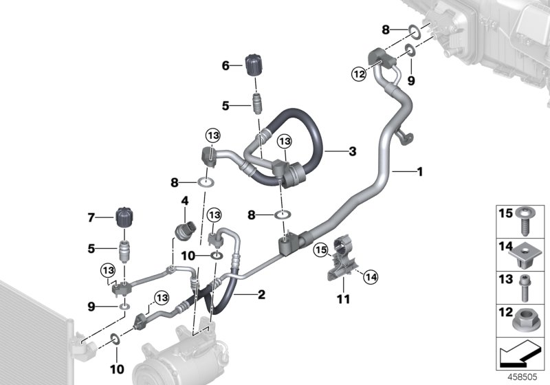 Трубопроводы хладагента для BMW G30 540dX B57 (схема запчастей)