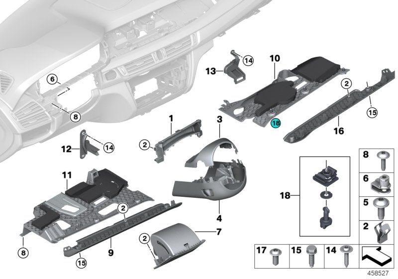 Доп.элементы панели приборов Нж. для BMW F15 X5 25d B47 (схема запчастей)