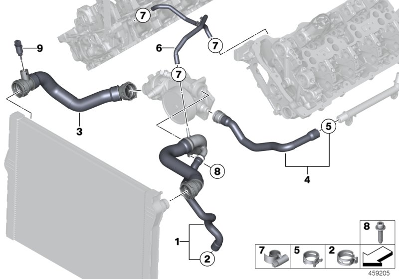 Водяной шланг системы охлаждения для BMW F10 M5 S63N (схема запчастей)