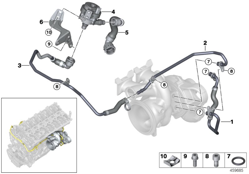 Система охлаждения-турбонагнетатель для BMW G32 640i B58 (схема запчастей)