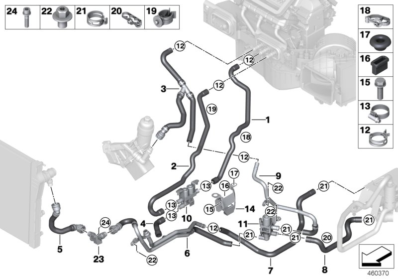 Шланги ОЖ автономной системы отопления для BMW F15 X5 25dX B47 (схема запчастей)