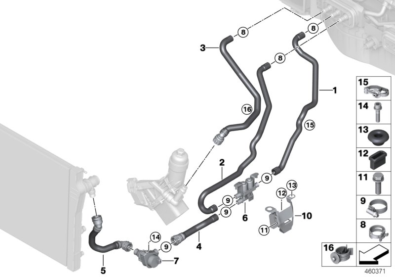 Шланги охлаждающей жидкости для BMW F15 X5 25dX B47 (схема запчастей)