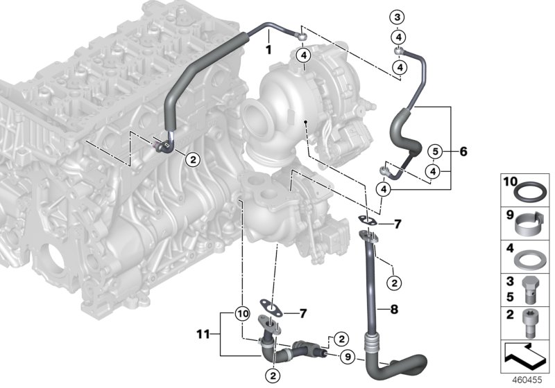 Смазочная система турбонагнетателя для BMW F39 X2 25dX B47 (схема запчастей)