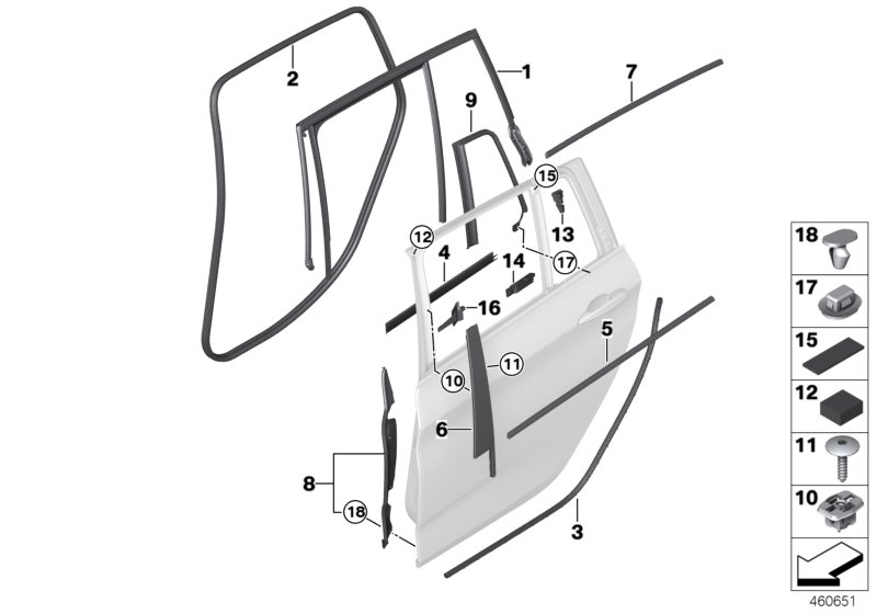 Накладки и уплотнения двери Зд для BMW F46N 218i B38C (схема запчастей)