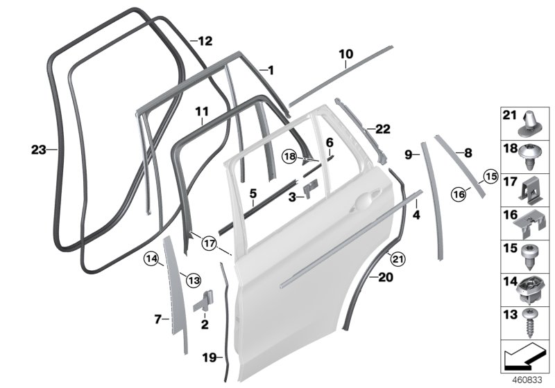 Накладки и уплотнения двери Зд для BMW F15 X5 25d B47 (схема запчастей)