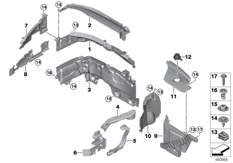 Дополнительные элементы моторного отсека для BMW F60 Cooper S B46 (схема запчастей)