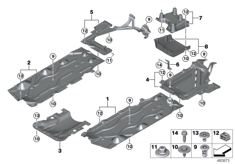 Облицовка днища кузова для BMW F54 Cooper S B48 (схема запчастей)