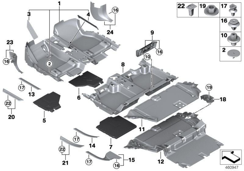 облицовка днища для BMW F46N 218i B38C (схема запчастей)