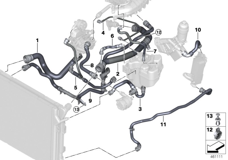 Шланги системы охлаждения для BMW F31N 320iX B48 (схема запчастей)