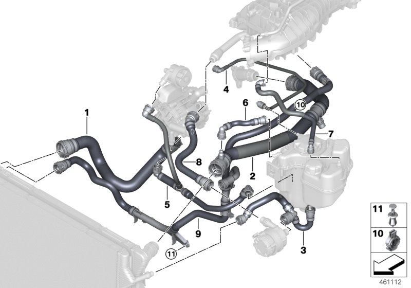 Шланги системы охлаждения для BMW F34N 320iX B48 (схема запчастей)
