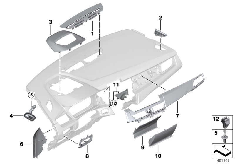 Доп.элементы панели приборов Вх для BMW F46N 218dX B47B (схема запчастей)