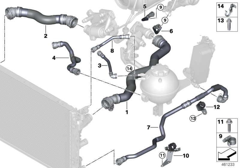 Шланги системы охлаждения для BMW G31 530d B57 (схема запчастей)
