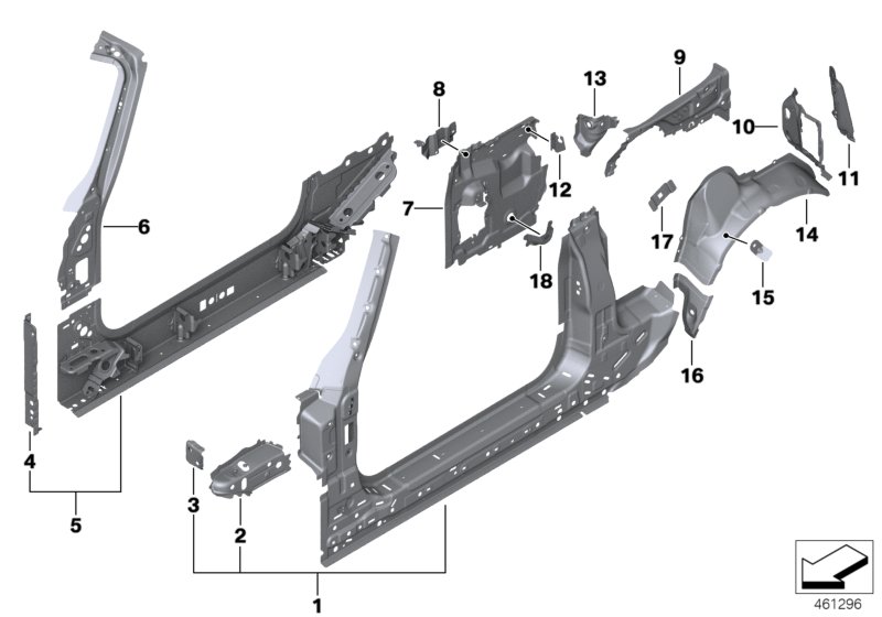 Детали бокового каркаса для BMW F57 One B38 (схема запчастей)