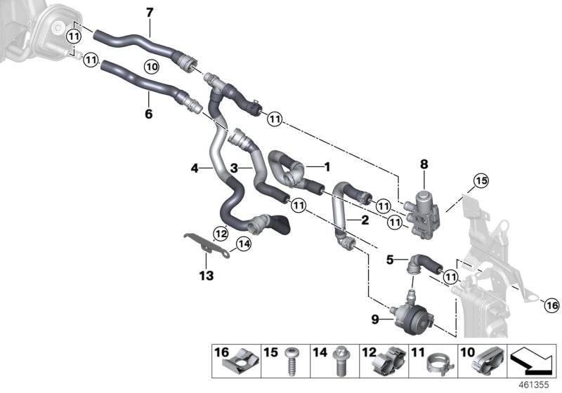 Шланги охлаждающей жидкости для BMW F30N 330e B48X (схема запчастей)