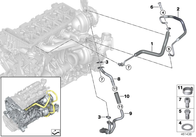 Смазочная система турбонагнетателя для BMW F36N 425d B47 (схема запчастей)