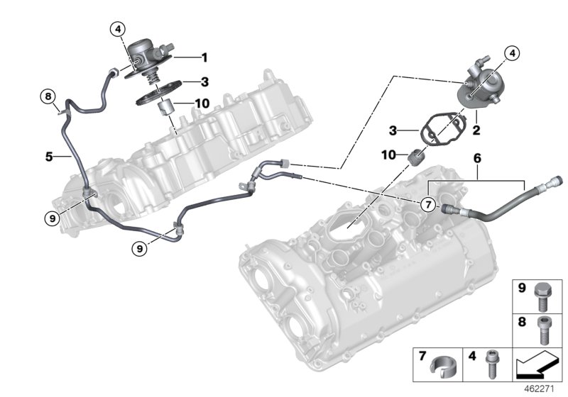 Насос высокого давления/трубопроводы для BMW G30 M550iX N63R (схема запчастей)