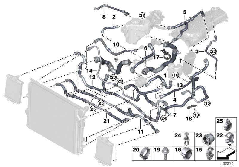 Шланги системы охлаждения для BMW F30N 340i B58 (схема запчастей)