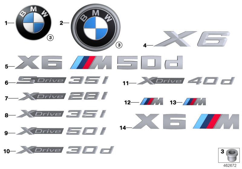 Эмблемы / надписи для BMW F16 X6 28iX N20 (схема запчастей)