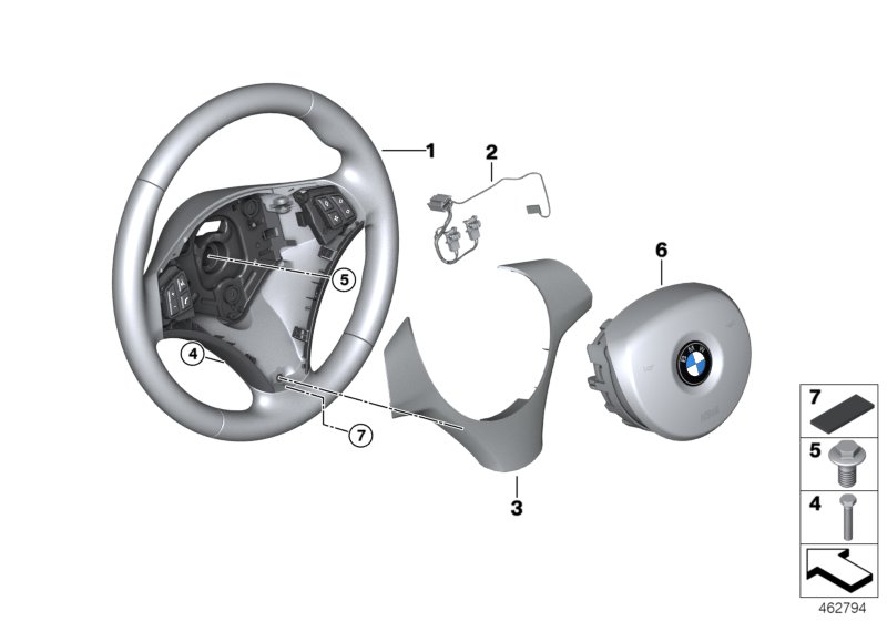 Спортивное рулевое колесо с НПБ для BMW E87 118i N46 (схема запчастей)