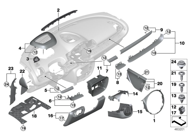 Доп.элементы панели приборов для BMW F54 One B38 (схема запчастей)
