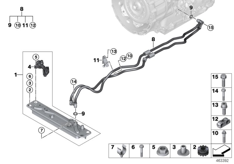 Теплообменник/трубопровод радиатора КПП для BMW F15 X5 40eX N20 (схема запчастей)