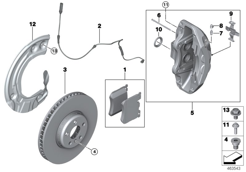 Тормозной механизм переднего колеса для BMW G12N 750LiX N63B (схема запчастей)