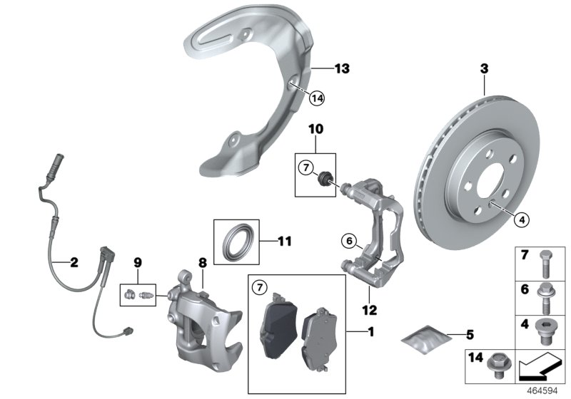 Тормозной механизм переднего колеса для BMW F45N 220d B47D (схема запчастей)