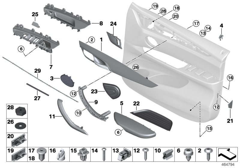 Доп.элементы обшивки передней двери для BMW F16 X6 35iX N55 (схема запчастей)