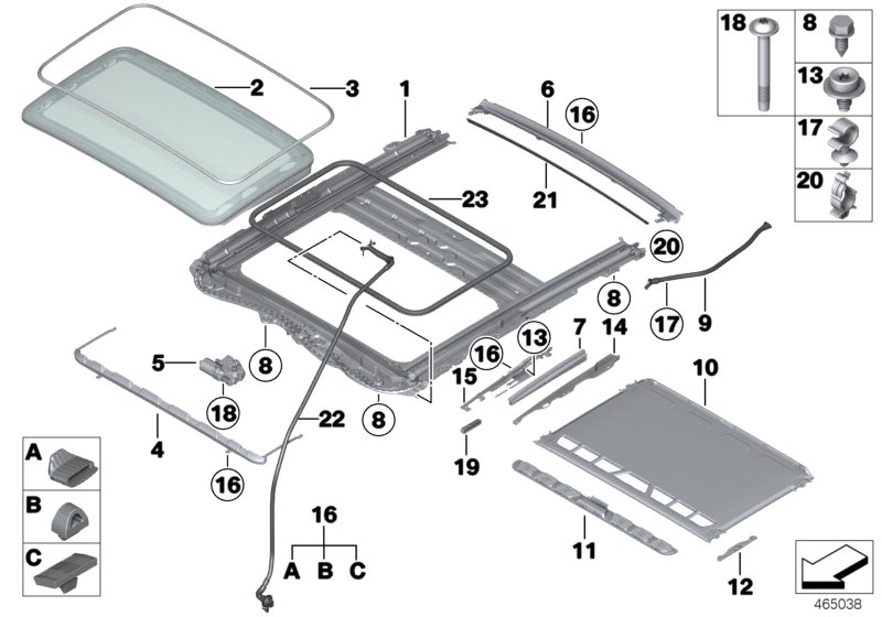 подъемно-сдвижная крышка люка для BMW F36 418d N47N (схема запчастей)
