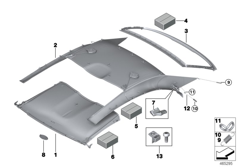 Опускающаяся жесткая крыша,внутр.обивка для BMW E93N M3 S65 (схема запчастей)