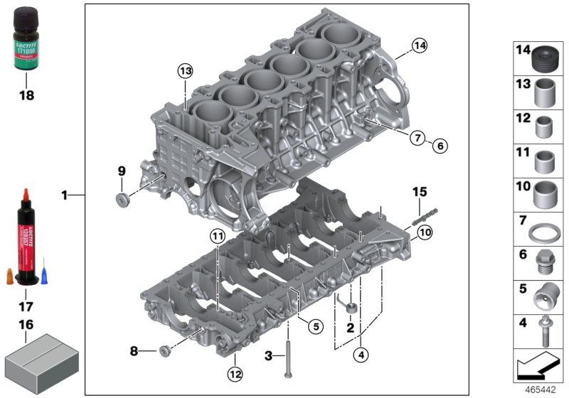 Блок-картер двигателя для BMW F26 X4 M40iX N55 (схема запчастей)